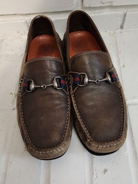 Martin Dingman Brown Leather Loafers with Navy & Red Webbing , Size 10